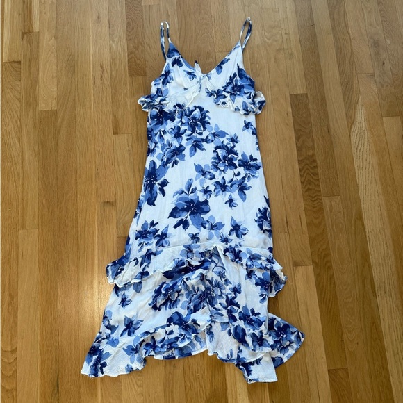 Island Time Blue and White Floral Print Ruffled Midi Dress by LULU's - Picture 16 of 16